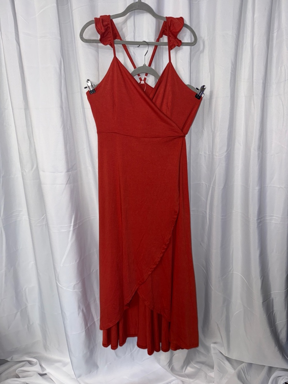 Women's Red High-Low Wrap Dress with Ruffle Straps